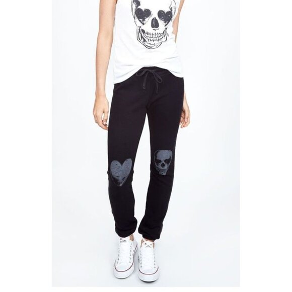 Lauren Moshi Pants - LAUREN MOSHI Tiki Heart & Skull Print Cotton Jogger Sweatpants Black Size Medium